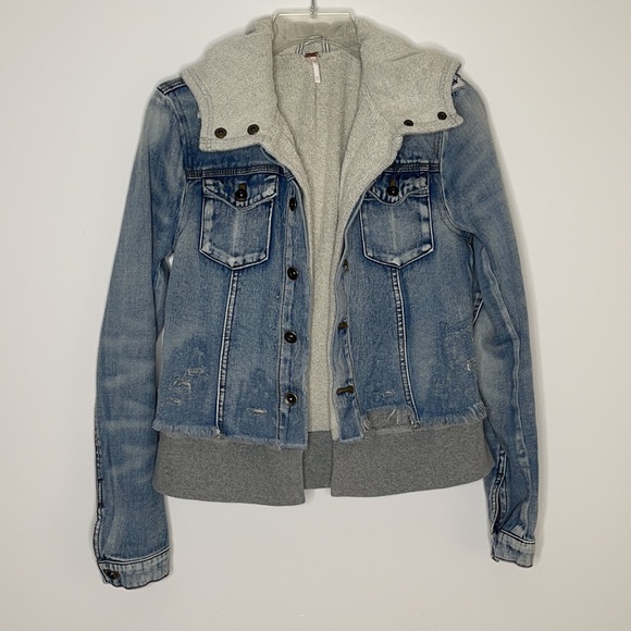 Free People Distressed Denim Attached Gray Hoodie - Picture 3 of 7